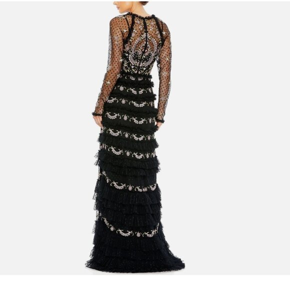 Mac Duggal 8030 Polka Dot Long Sleeve Floral Ruffle Tired Gown - Picture 5 of 12